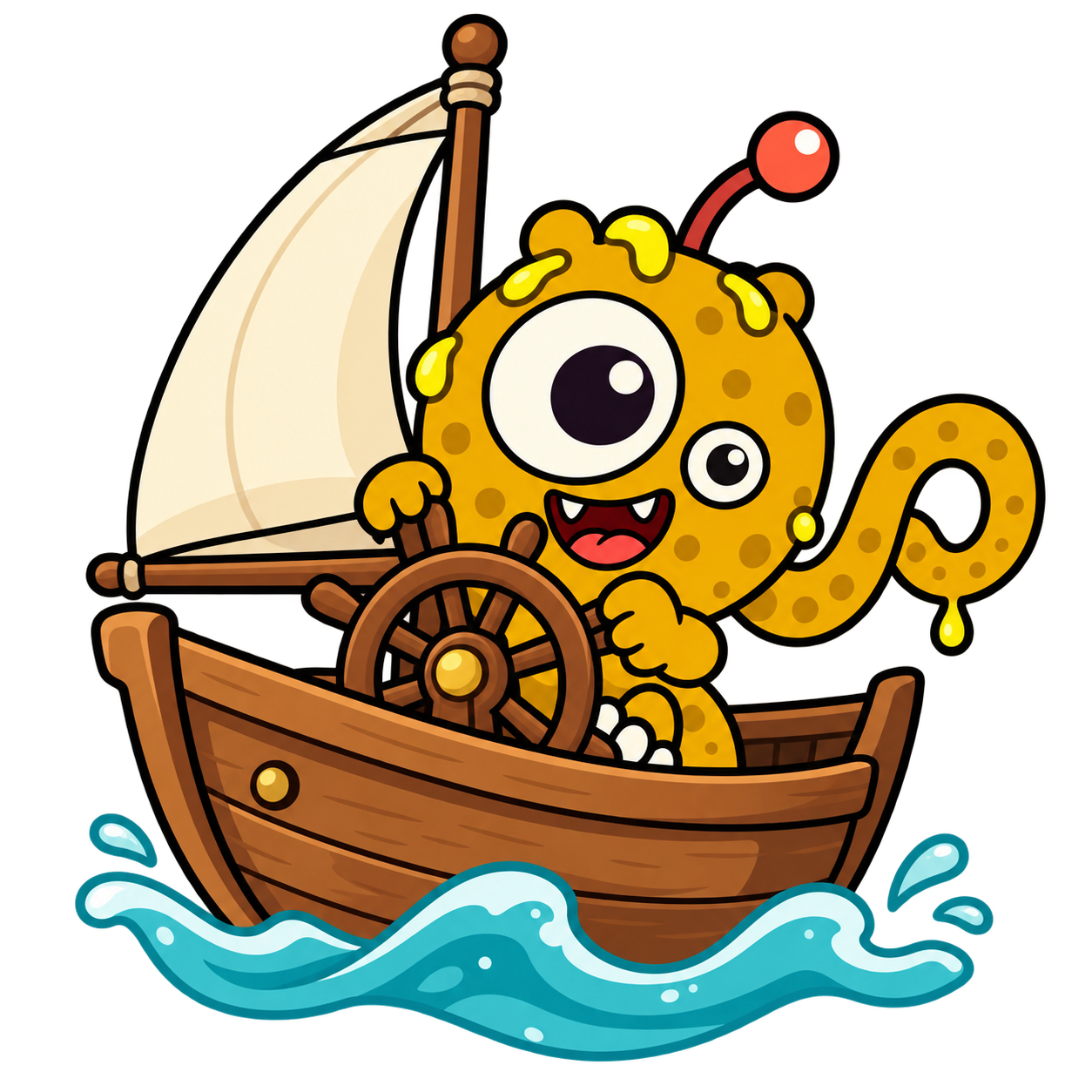 The Loop Monster at the helm of a wooden ship